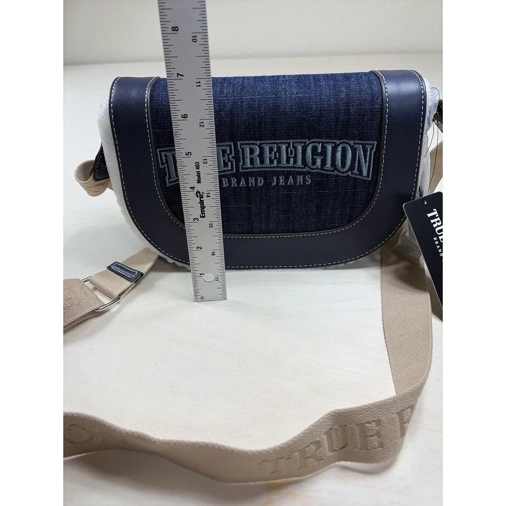 True Religion Denim Crossbody Bag‎ and Wallet Set Blue Tan Horseshoe Logo NWT